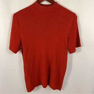 Rafaella Top Plus Size 1X Red Holiday Silk Blend Ribbed Mock Neck Metallic